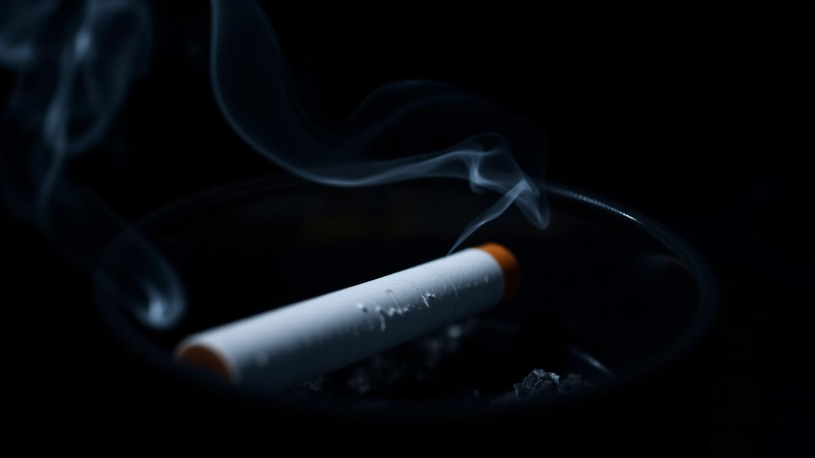 Cigareta koja tinja u tamnoj pepeljari